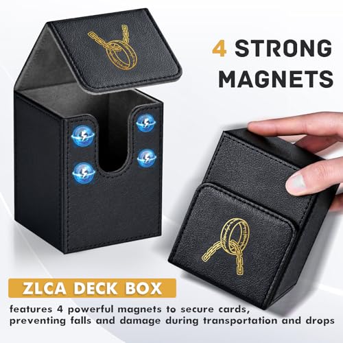 ZLCA 100+ Card Deck Box with 2 Dividers – PU Leather TCG Storage Case for Magic, Yu-Gi-Oh!, and More (Black, Ring Design)