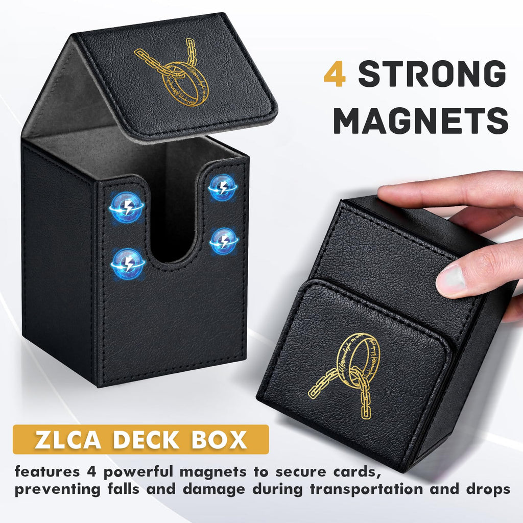ZLCA 100+ Card Deck Box with 2 Dividers – PU Leather TCG Storage Case for Magic, Yu-Gi-Oh!, and More (Black, Ring Design)
