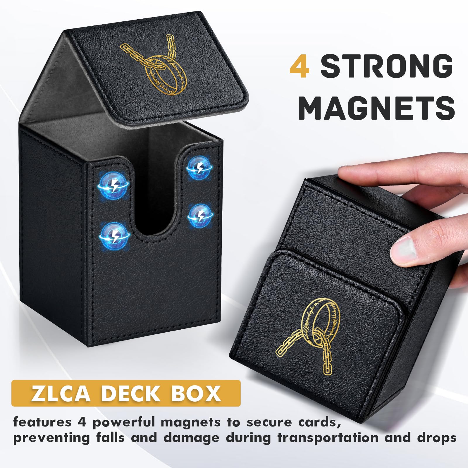 ZLCA 100+ Card Deck Box with 2 Dividers – PU Leather TCG Storage Case for Magic, Yu-Gi-Oh!, and More (Black, Ring Design)