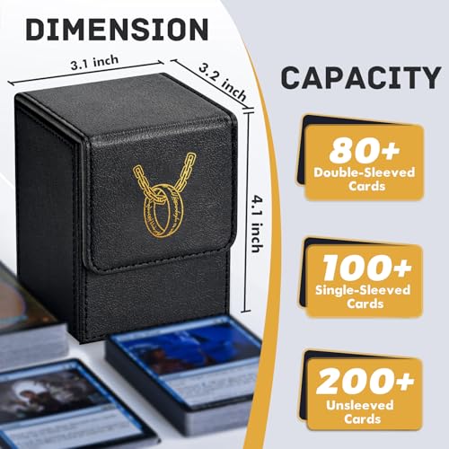 ZLCA 100+ Card Deck Box with 2 Dividers – PU Leather TCG Storage Case for Magic, Yu-Gi-Oh!, and More (Black, Ring Design)