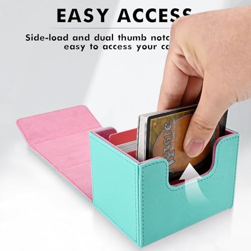 ZLCA Leather Magnetic Card Deck Box for MTG, Holds 120+ Single-Sleeved Cards, Turquoise & Pink