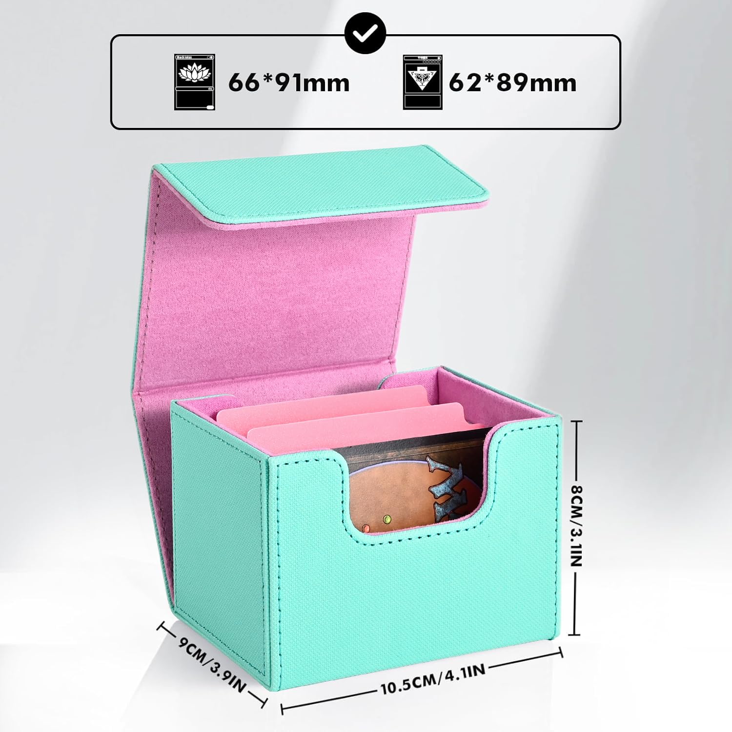 ZLCA Leather Magnetic Card Deck Box for MTG, Holds 120+ Single-Sleeved Cards, Turquoise & Pink