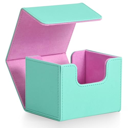 ZLCA Leather Magnetic Card Deck Box for MTG, Holds 120+ Single-Sleeved Cards, Turquoise & Pink