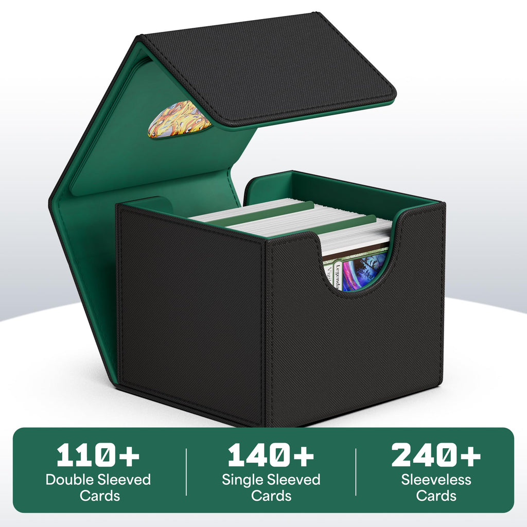 ZLCA MTG Commander Deck Box – Holds 110+ Double-Sleeved Cards with Display Window and Dividers (Black & Dark Green)