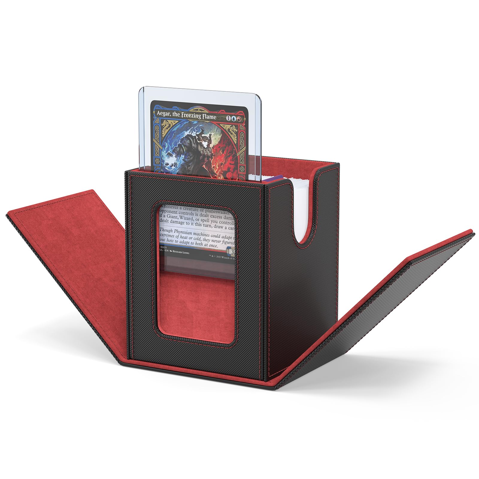 ZLCA MTG Deck Box with Commander Window Display – Holds 100+ Double-Sleeved Cards, PU Leather, Black & Red