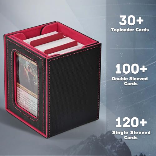 ZLCA MTG Deck Box with Commander Window Display – Holds 100+ Double-Sleeved Cards, PU Leather, Black & Red