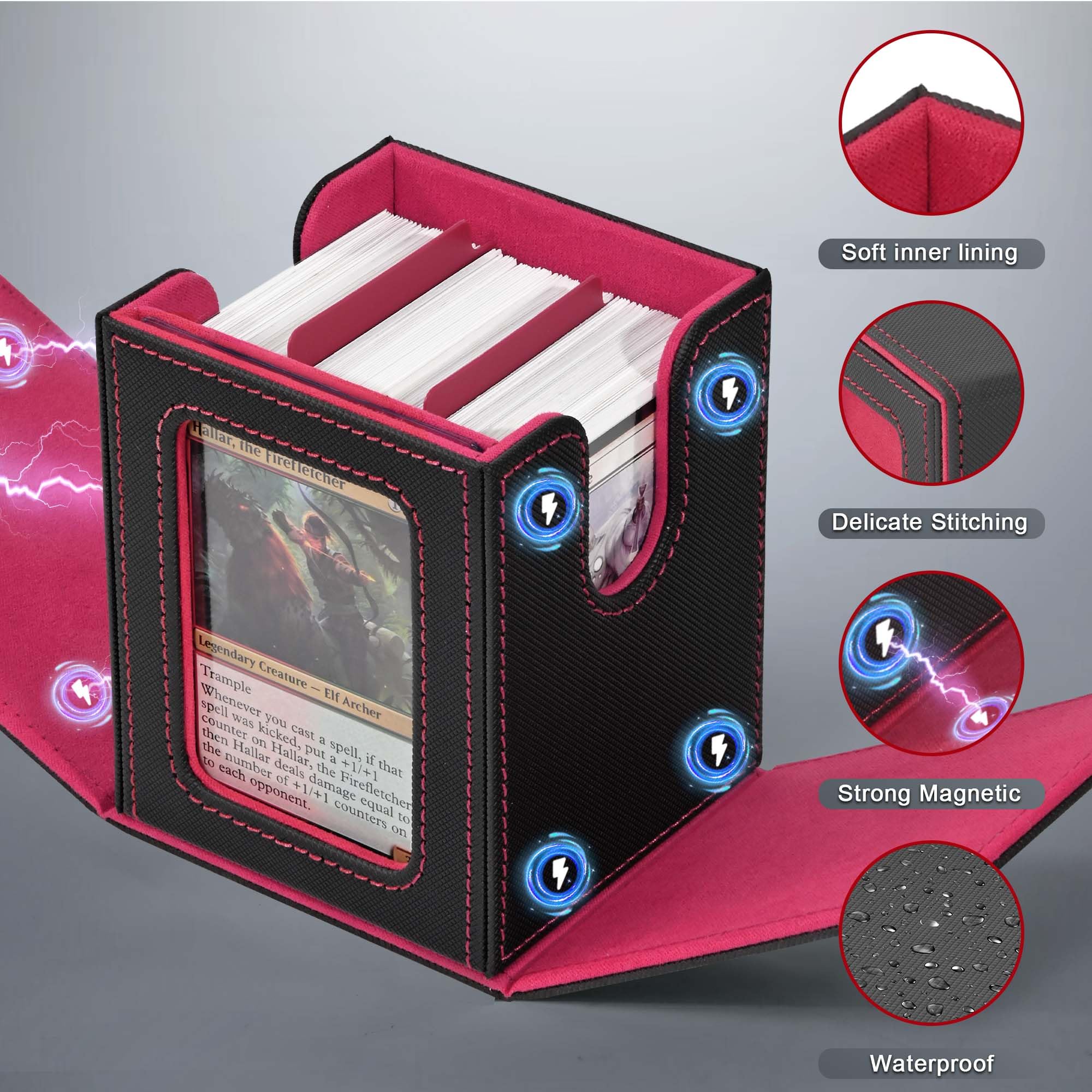 ZLCA MTG Deck Box with Commander Window Display – Holds 100+ Double-Sleeved Cards, PU Leather, Black & Red