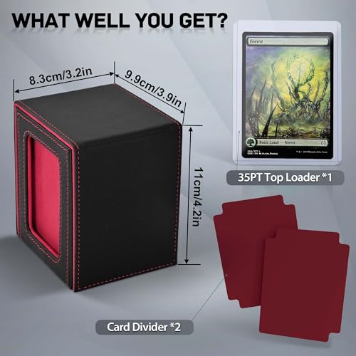 ZLCA MTG Deck Box with Commander Window Display – Holds 100+ Double-Sleeved Cards, PU Leather, Black & Red