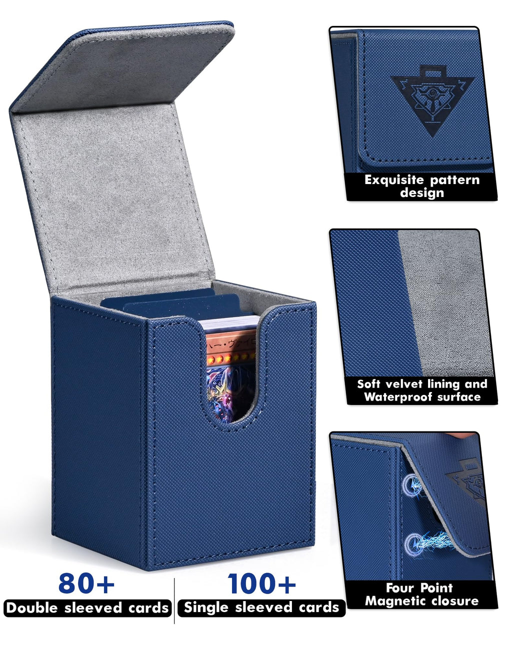 ZLCA Navy Faux Leather Card Deck Box – Holds 100+ Sleeved MTG/YuGiOh Cards with Dividers
