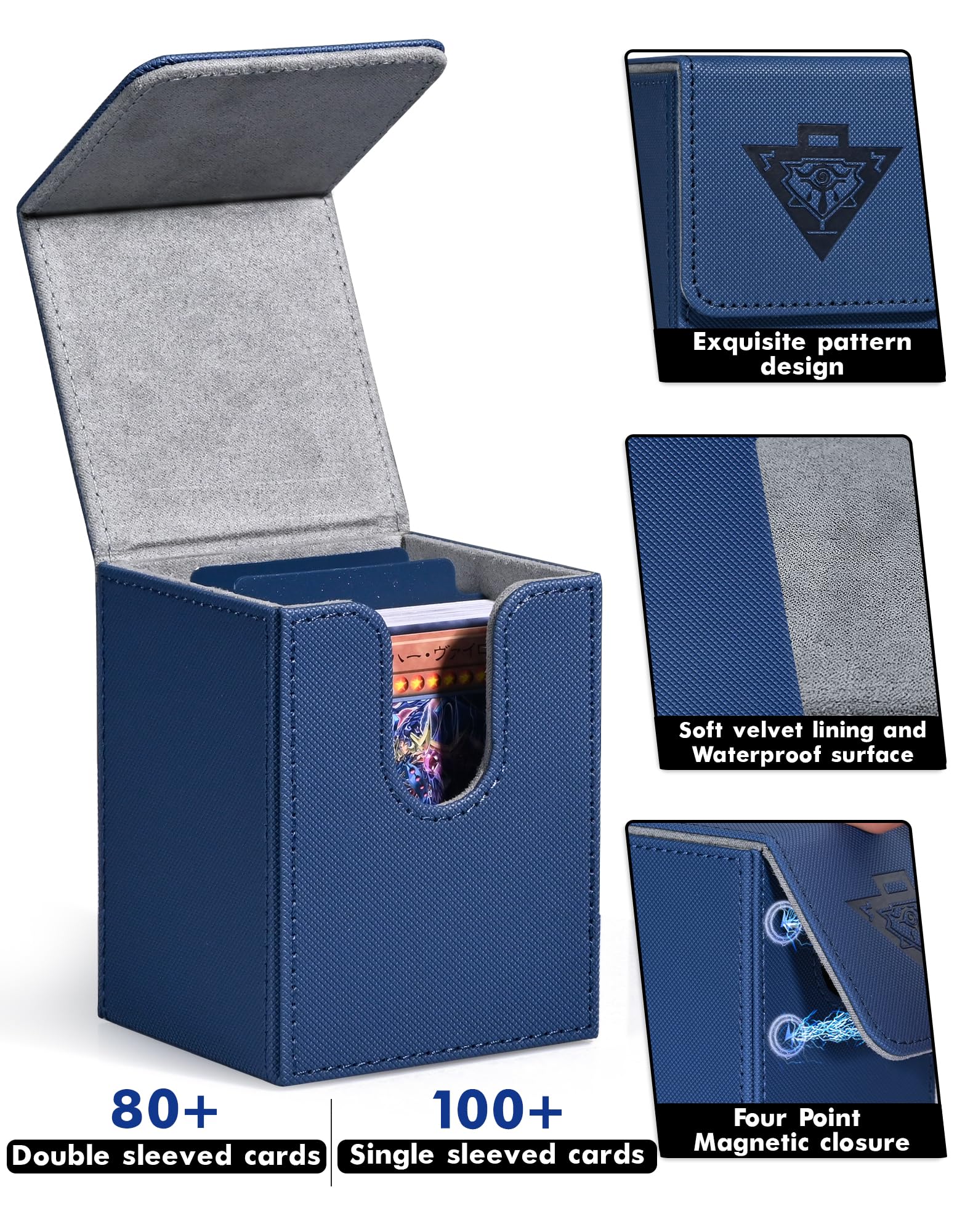 ZLCA Navy Faux Leather Card Deck Box – Holds 100+ Sleeved MTG/YuGiOh Cards with Dividers