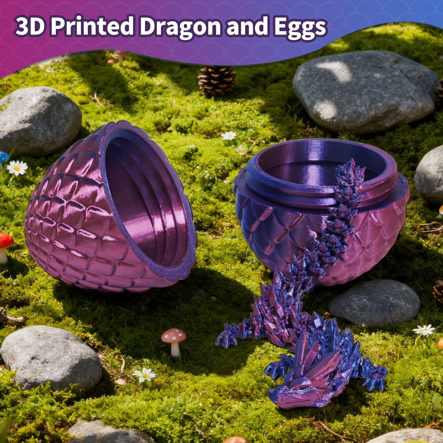 Zobetro 3D Printed Articulated Crystal Dragon in Easter Egg – Purple Fidget Desk Toy