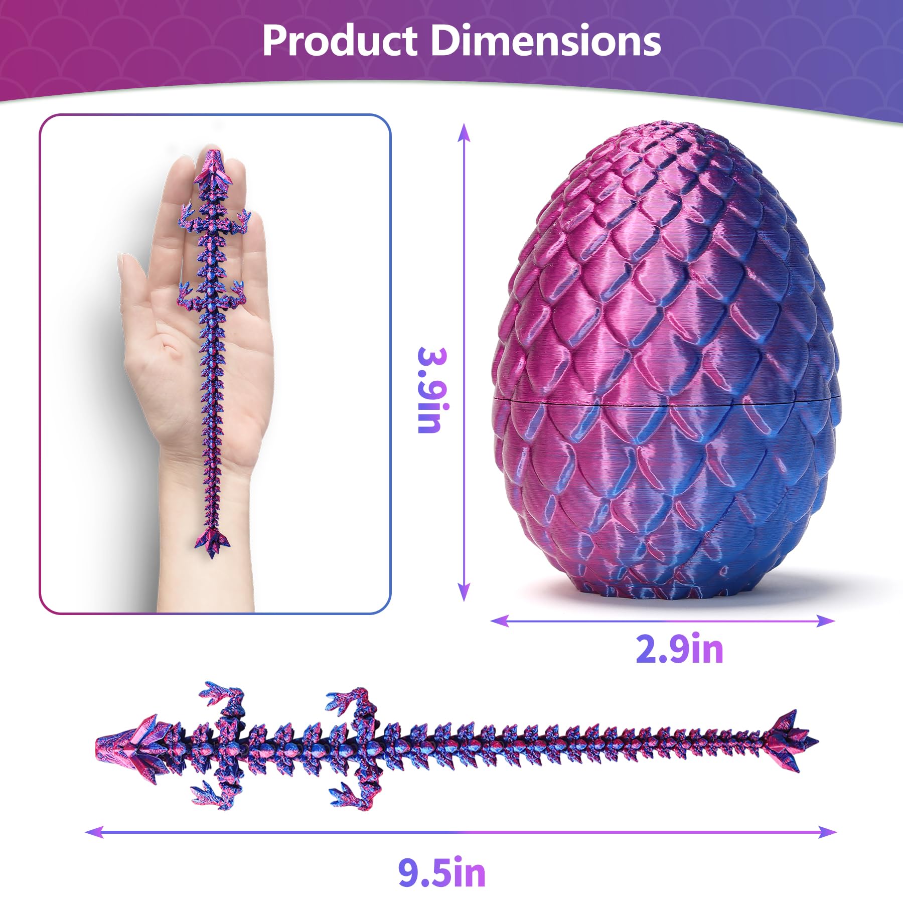 Zobetro 3D Printed Articulated Crystal Dragon in Easter Egg – Purple Fidget Desk Toy