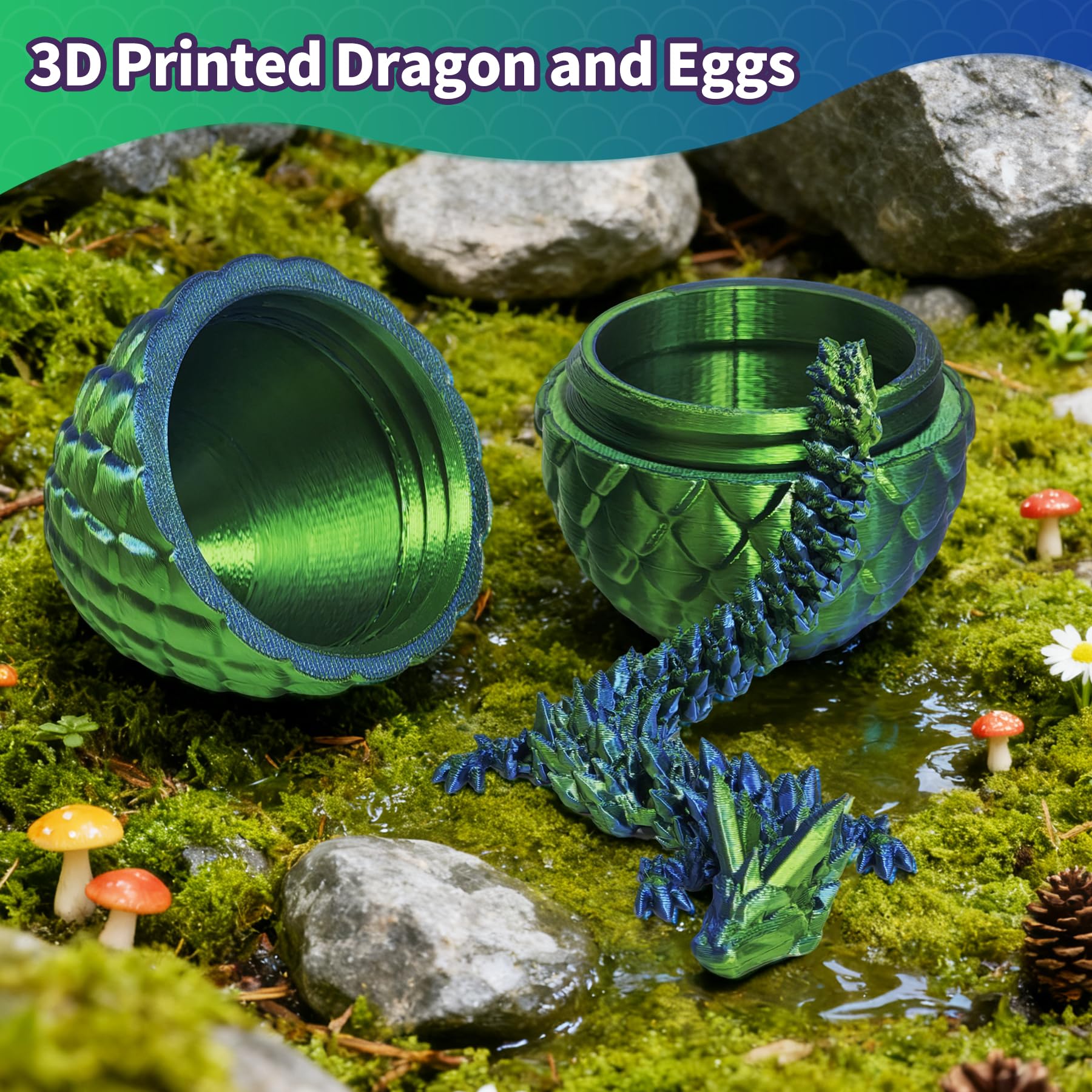 Zobetro 3D Printed Dragon in Egg – Articulated Crystal Dragon Fidget Desk Toy, Green