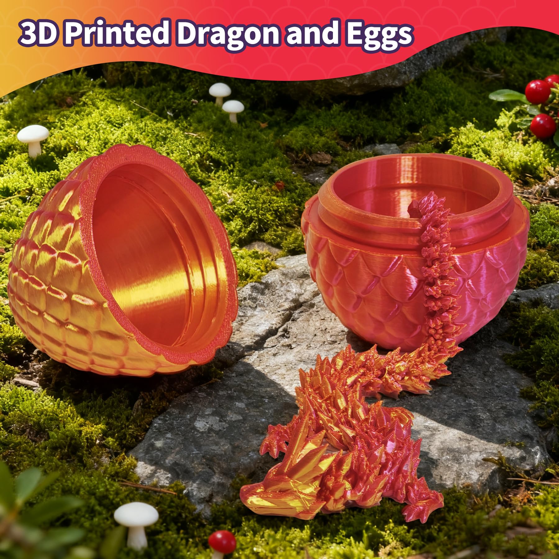 Zobetro 3D Printed Dragon Surprise Egg - Red Articulated Dragon Desk Toy for Easter, Christmas & Home Decor