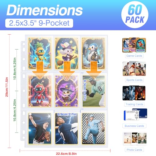 Zofly 60 Pack 1080 Pockets 9-Pocket Trading Card Pages for 3-Ring Binder - Ultra-Clear Polypropylene Sleeves for Sports Cards, Game Cards, Photos