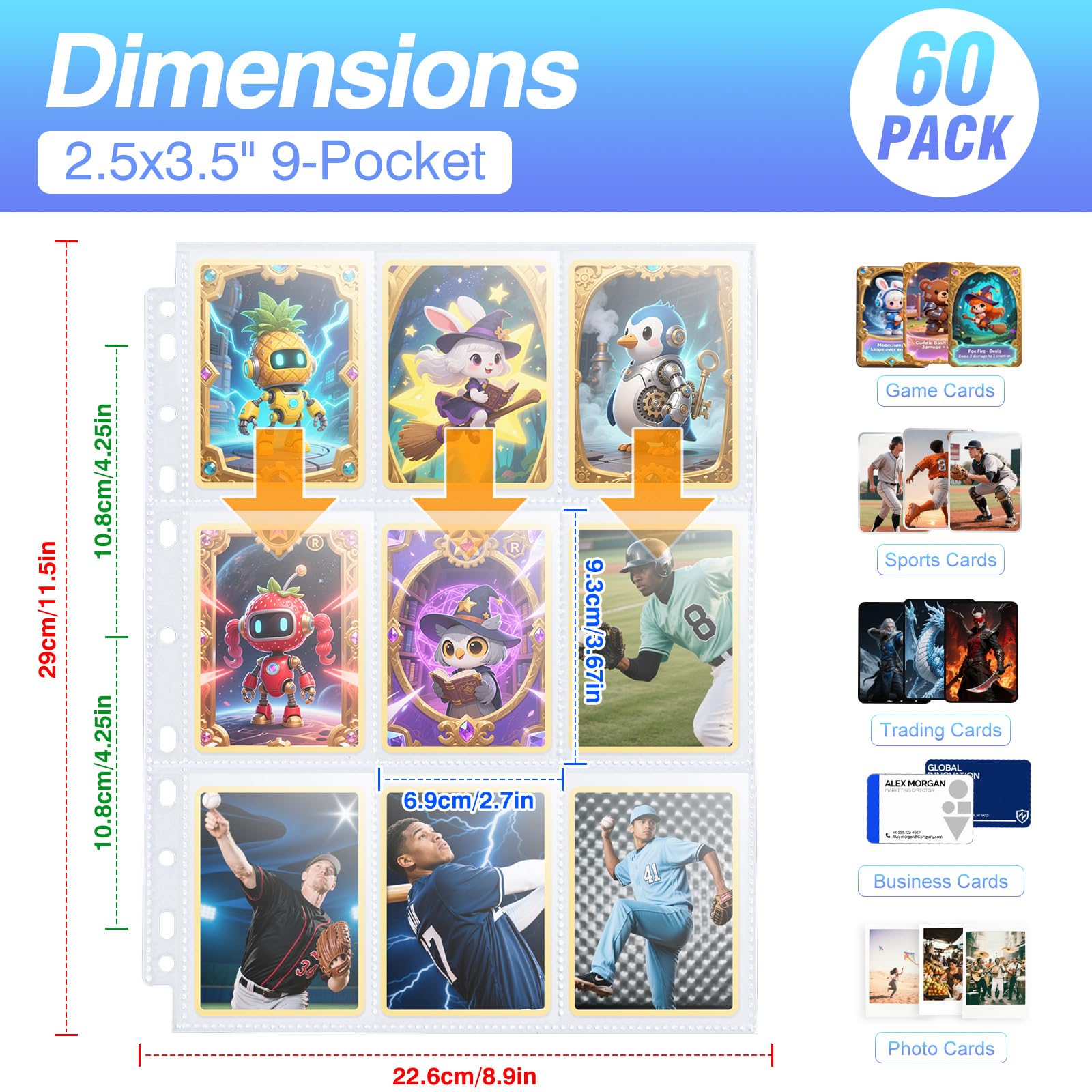 Zofly 60 Pack 1080 Pockets 9-Pocket Trading Card Pages for 3-Ring Binder - Ultra-Clear Polypropylene Sleeves for Sports Cards, Game Cards, Photos