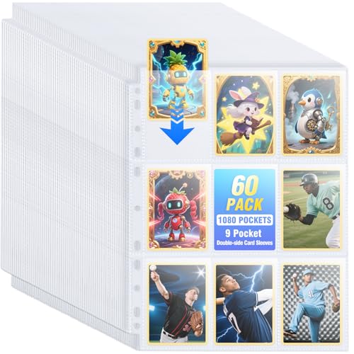 Zofly 60 Pack 1080 Pockets 9-Pocket Trading Card Pages for 3-Ring Binder - Ultra-Clear Polypropylene Sleeves for Sports Cards, Game Cards, Photos
