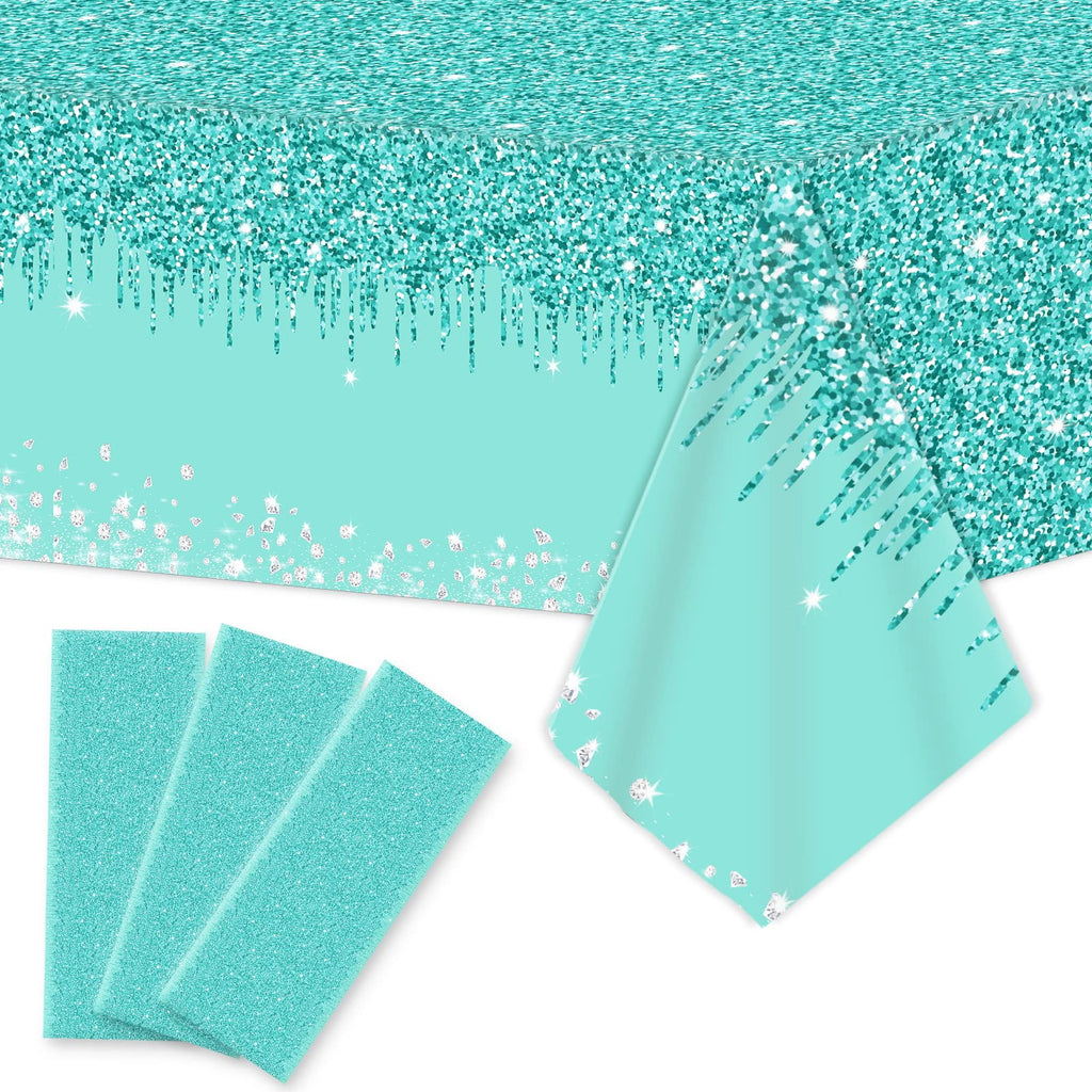 ZOIIWA 3-Pack Teal and Silver Plastic Tablecloths 54x108 Inch for Birthday Party Decor