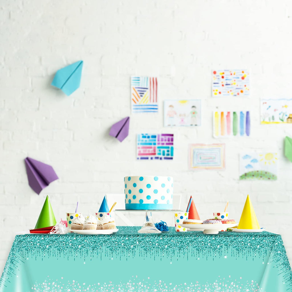 ZOIIWA 3-Pack Teal and Silver Plastic Tablecloths 54x108 Inch for Birthday Party Decor
