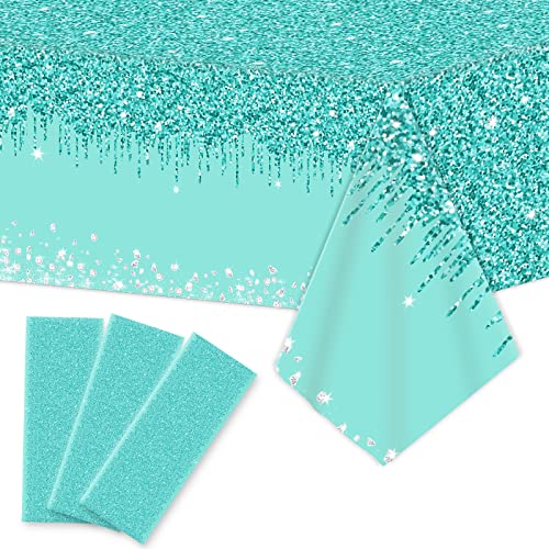 ZOIIWA 3-Pack Teal and Silver Plastic Tablecloths 54x108 Inch for Birthday Party Decor