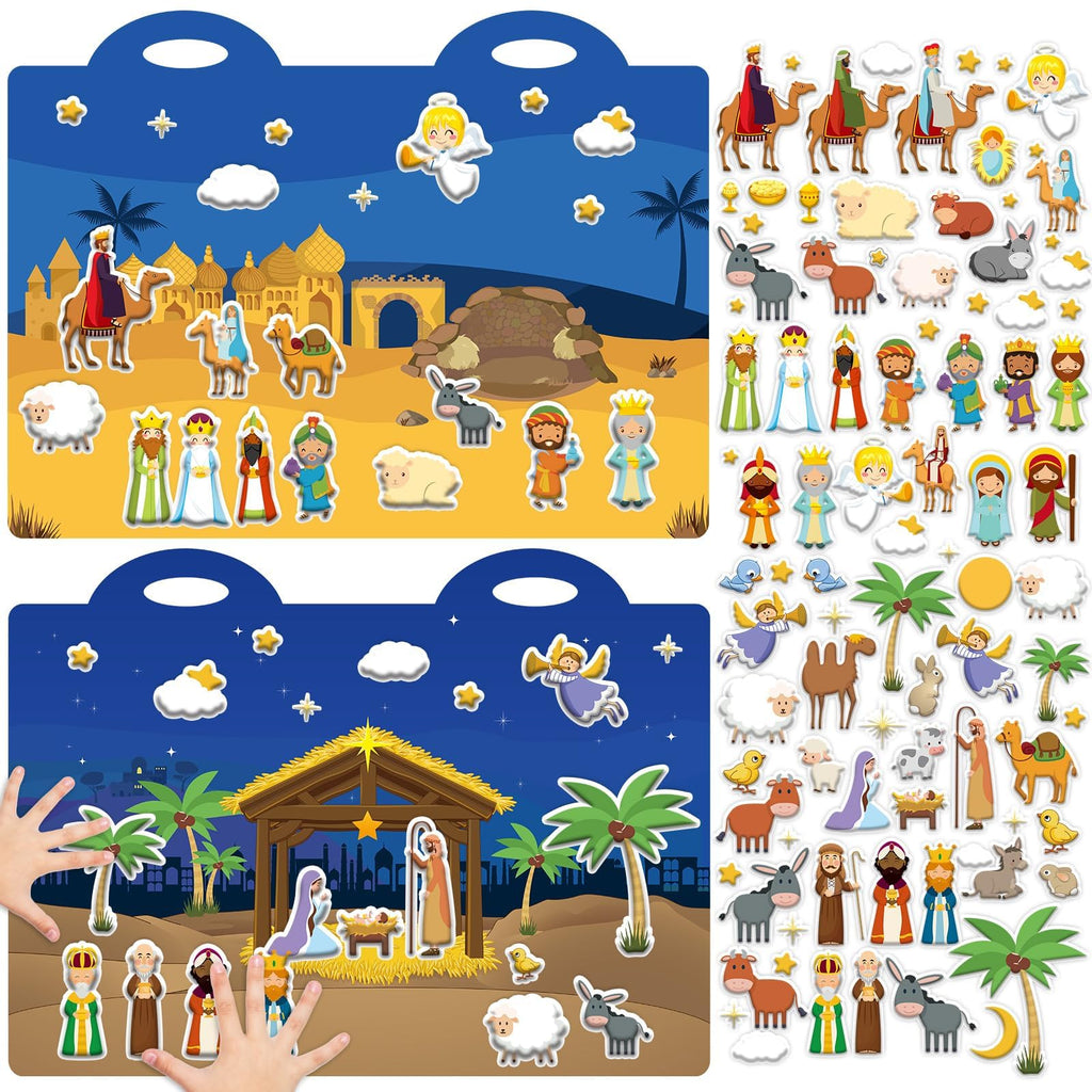 ZOIIWA Christmas Nativity 3D Puffy Sticker Activity Book – 100 Reusable Vinyl Clings with 2 Fold-Out Scenes for Kids Ages 4+