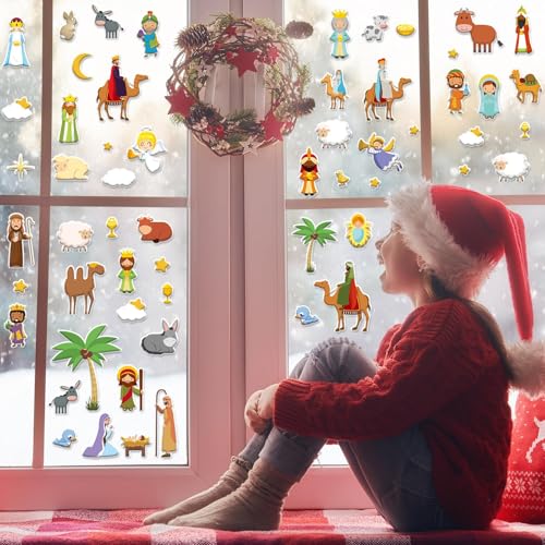 ZOIIWA Christmas Nativity 3D Puffy Sticker Activity Book – 100 Reusable Vinyl Clings with 2 Fold-Out Scenes for Kids Ages 4+