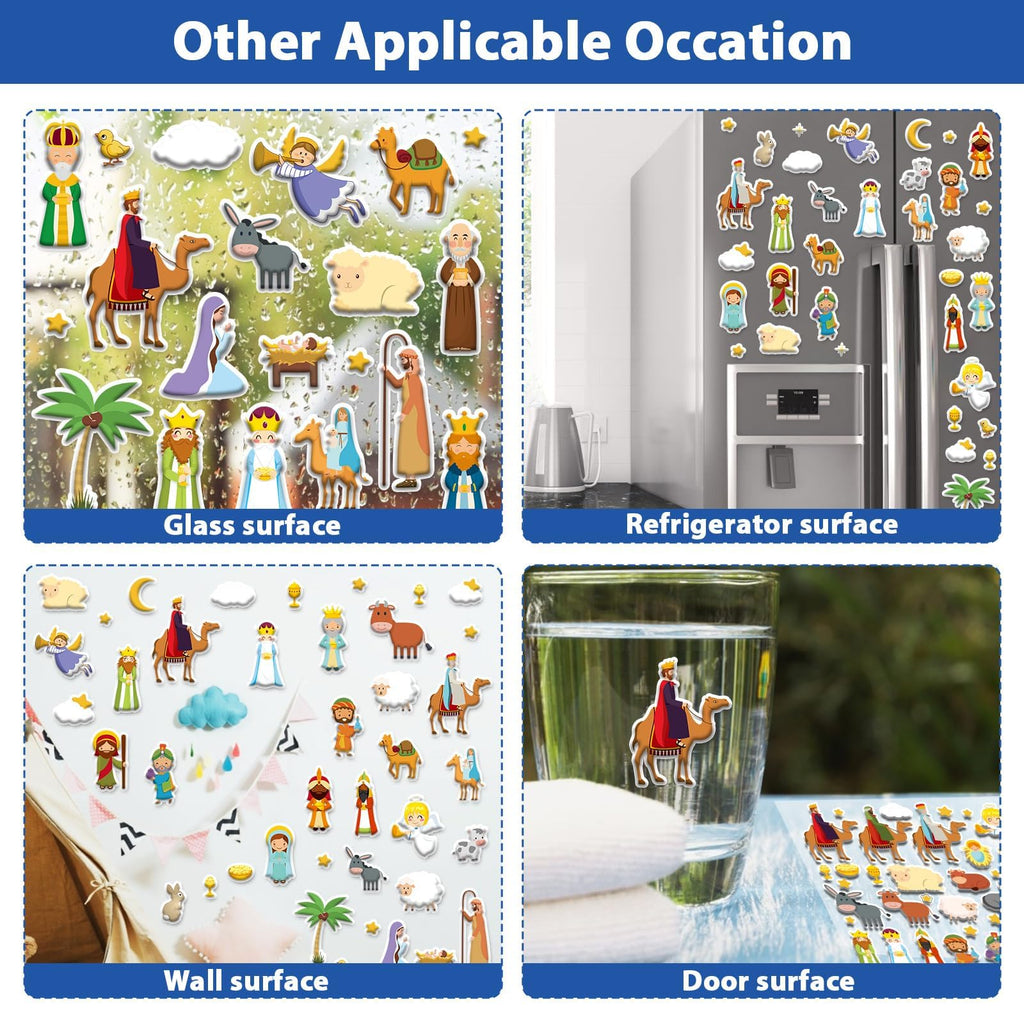 ZOIIWA Christmas Nativity 3D Puffy Sticker Activity Book – 100 Reusable Vinyl Clings with 2 Fold-Out Scenes for Kids Ages 4+
