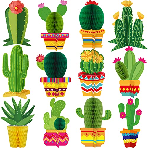 Zonon 12 Pcs Cactus Party Decorations - Mexican Fiesta Honeycomb Table Centerpieces and Cutouts
