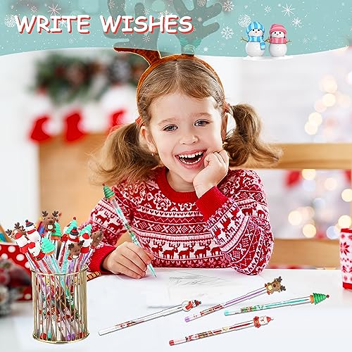 Zonon 24 Pack Christmas Push Pencils with Toppers - Santa, Snowman, Elk, Tree Designs for Classroom Rewards and Stocking Stuffers