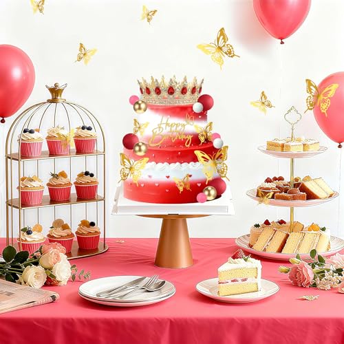 ZOYVUX Birthday Crown Cake Topper Set - Gold & Red with Crown, Butterflies, Candles