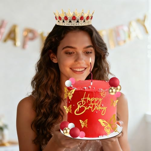 ZOYVUX Birthday Crown Cake Topper Set - Gold & Red with Crown, Butterflies, Candles