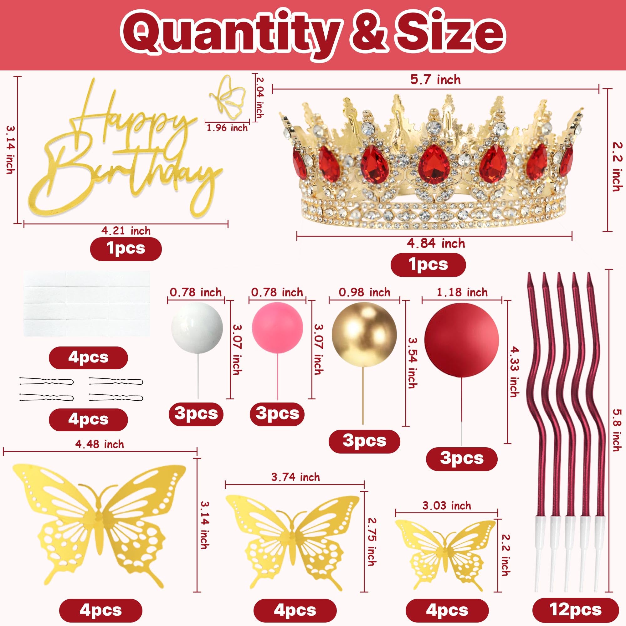ZOYVUX Birthday Crown Cake Topper Set - Gold & Red with Crown, Butterflies, Candles