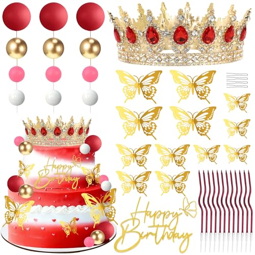 ZOYVUX Birthday Crown Cake Topper Set - Gold & Red with Crown, Butterflies, Candles