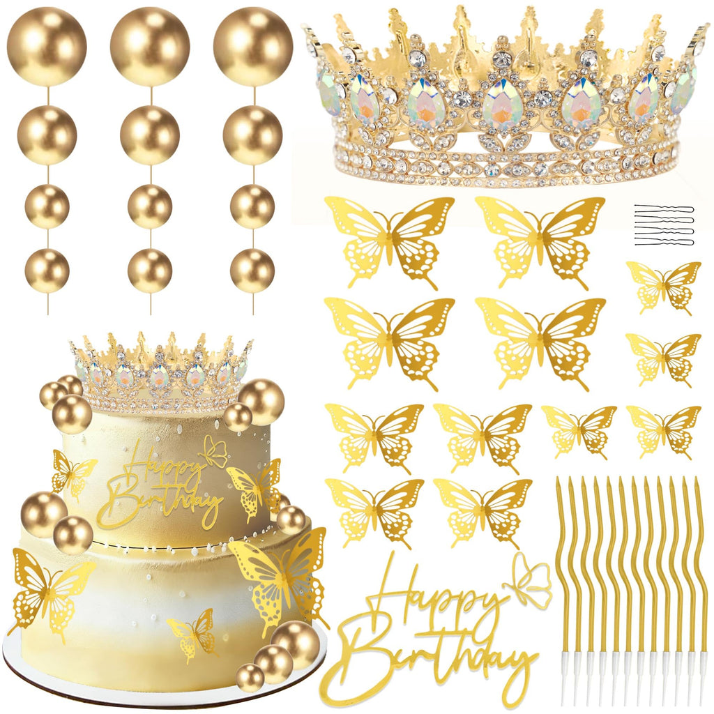 ZOYVUX Birthday Crown Cake Topper Set – Gold with Butterflies, Cake Balls & Spiral Candles