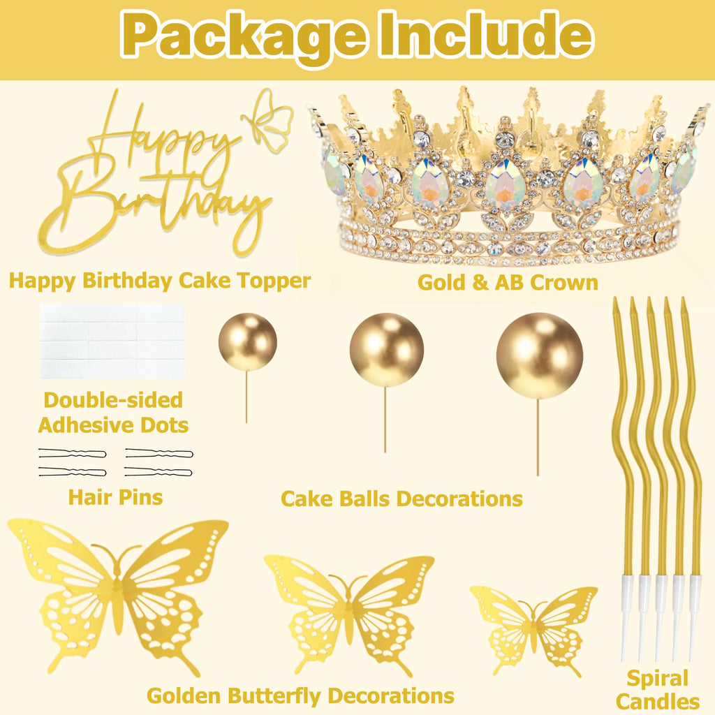 ZOYVUX Birthday Crown Cake Topper Set – Gold with Butterflies, Cake Balls & Spiral Candles