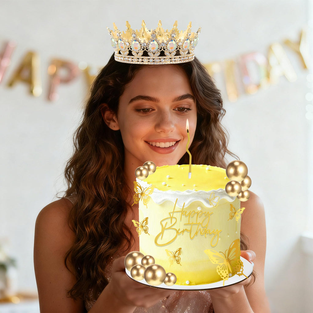 ZOYVUX Birthday Crown Cake Topper Set – Gold with Butterflies, Cake Balls & Spiral Candles