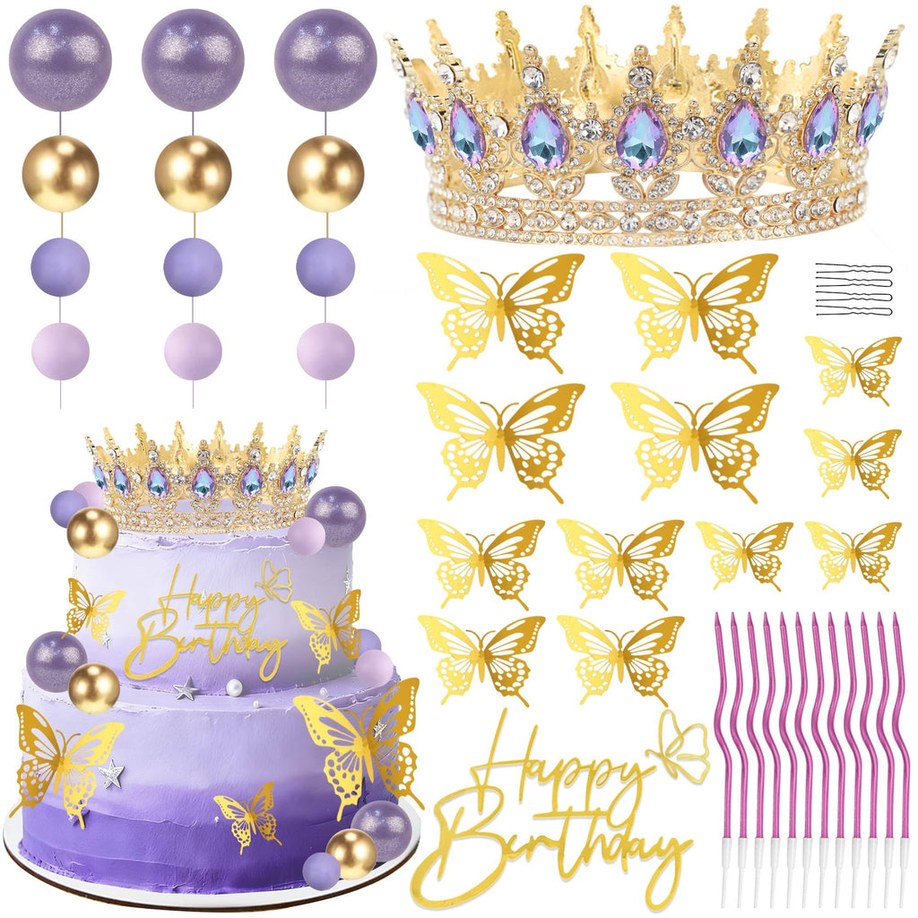 ZOYVUX Gold & Purple Birthday Crown Cake Topper Set – Includes Mini Tiara, Butterflies, Candles & More