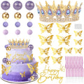 ZOYVUX Gold & Purple Birthday Crown Cake Topper Set – Includes Mini Tiara, Butterflies, Candles & More