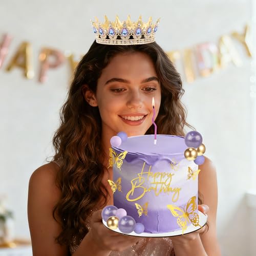 ZOYVUX Gold & Purple Birthday Crown Cake Topper Set – Includes Mini Tiara, Butterflies, Candles & More