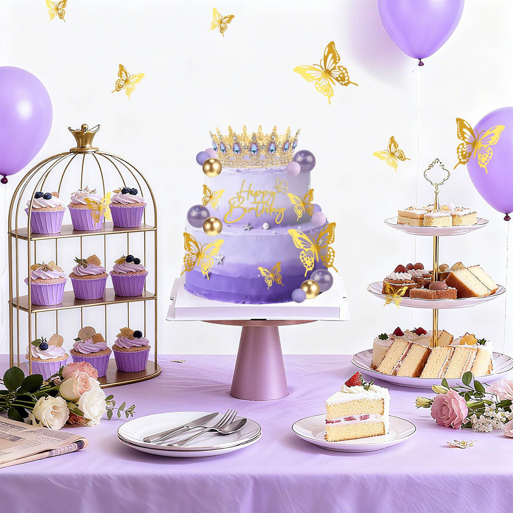 ZOYVUX Gold & Purple Birthday Crown Cake Topper Set – Includes Mini Tiara, Butterflies, Candles & More