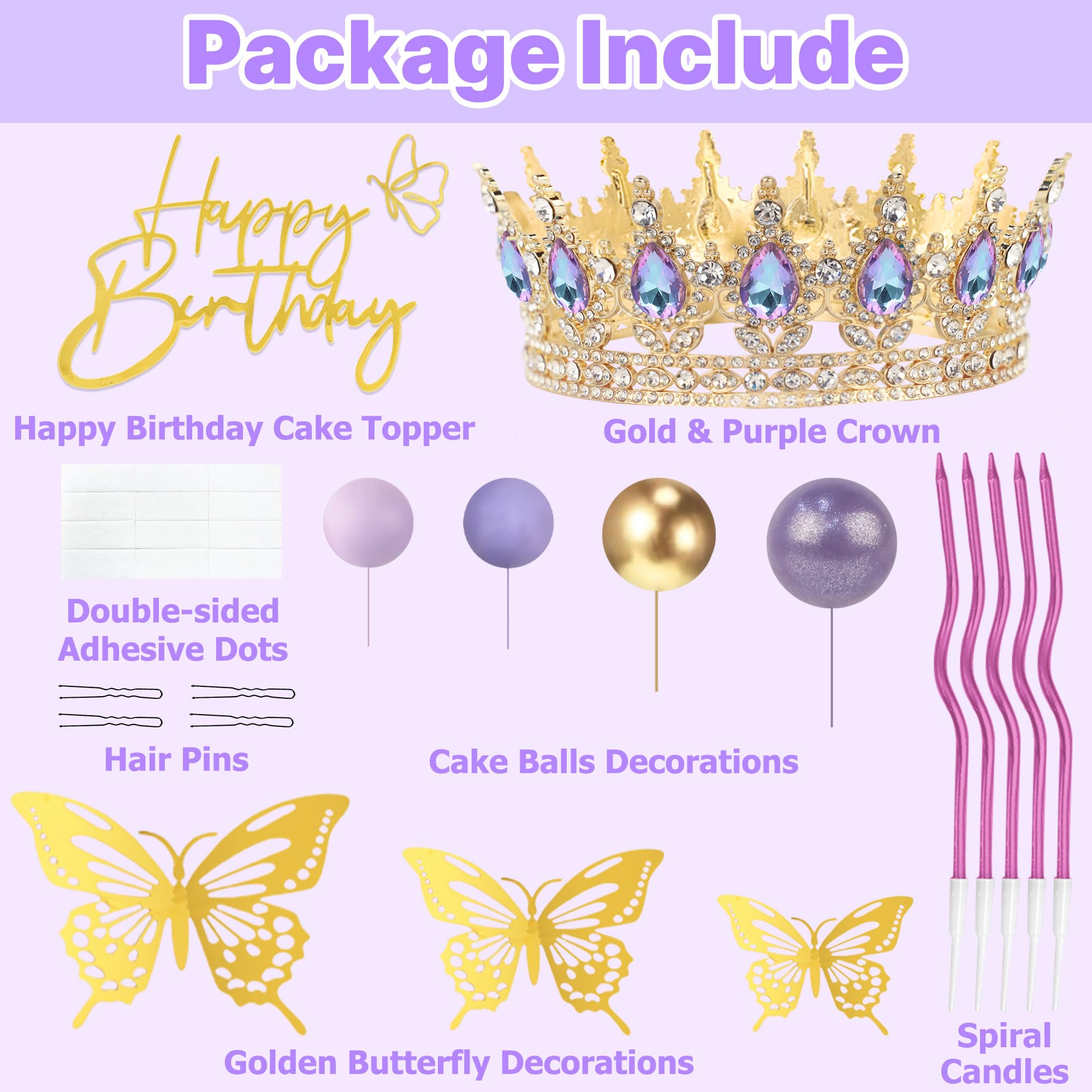 ZOYVUX Gold & Purple Birthday Crown Cake Topper Set – Includes Mini Tiara, Butterflies, Candles & More
