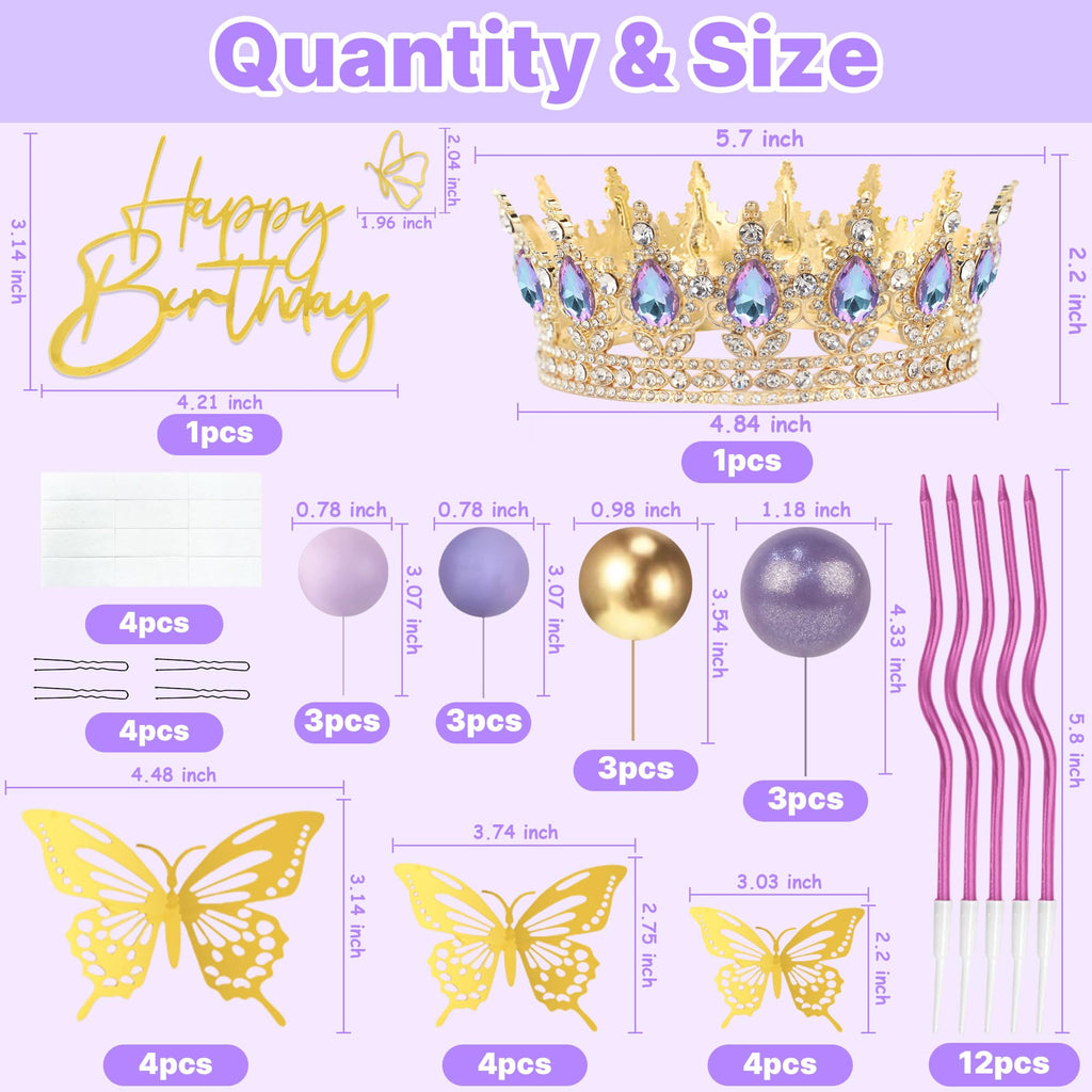 ZOYVUX Gold & Purple Birthday Crown Cake Topper Set – Includes Mini Tiara, Butterflies, Candles & More