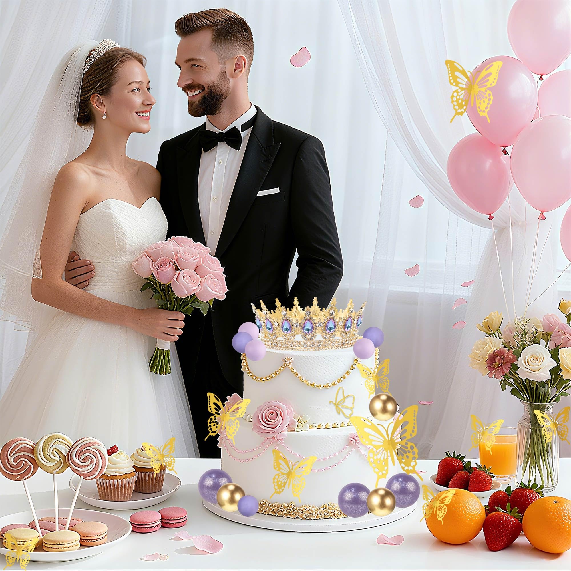 ZOYVUX Gold & Purple Birthday Crown Cake Topper Set – Includes Mini Tiara, Butterflies, Candles & More