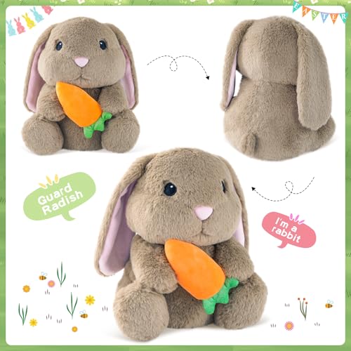 ZRUNBO 9.8-Inch Easter Bunny Plush with Floppy Ears and Carrot, Soft Brown Stuffed Rabbit for Kids