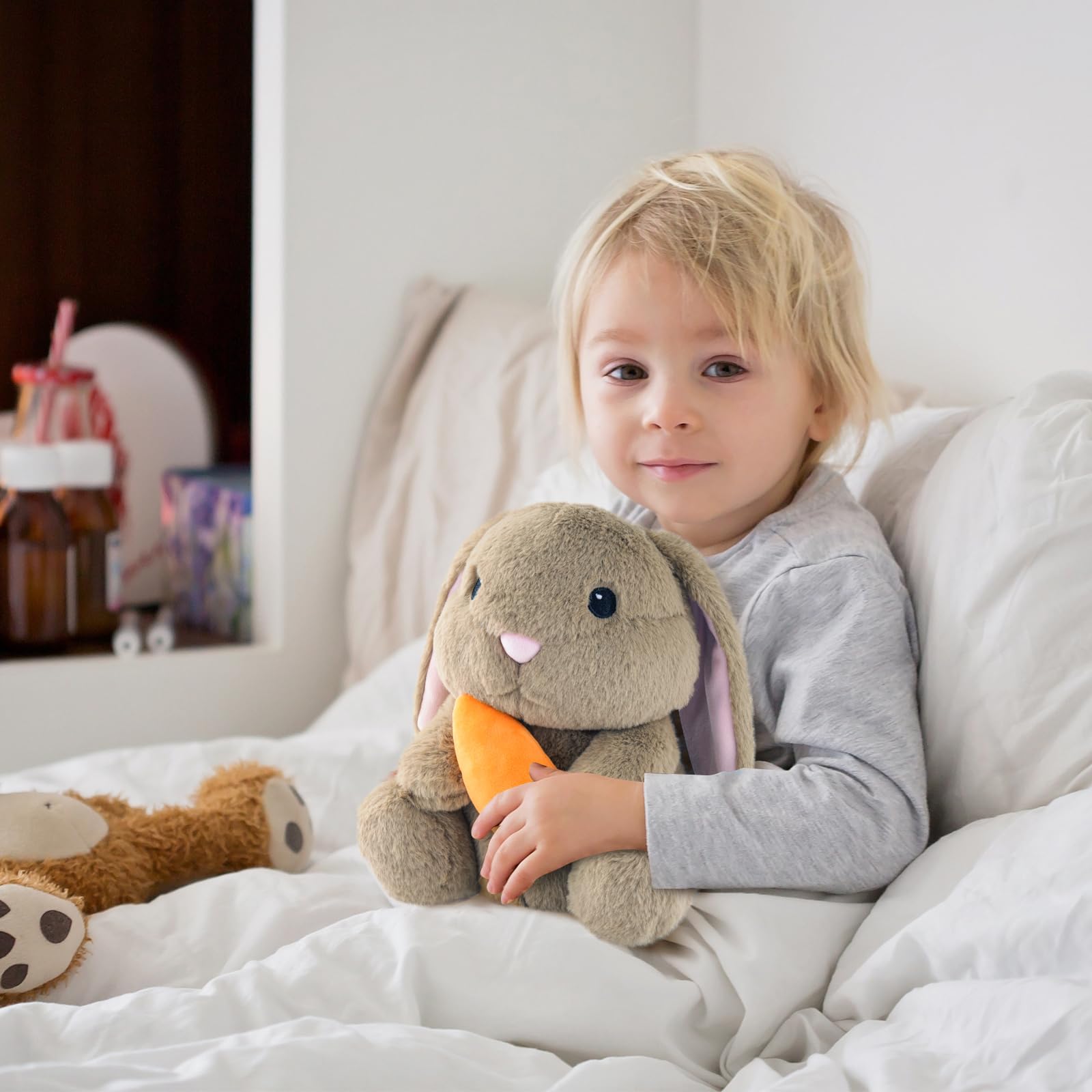 ZRUNBO 9.8-Inch Easter Bunny Plush with Floppy Ears and Carrot, Soft Brown Stuffed Rabbit for Kids