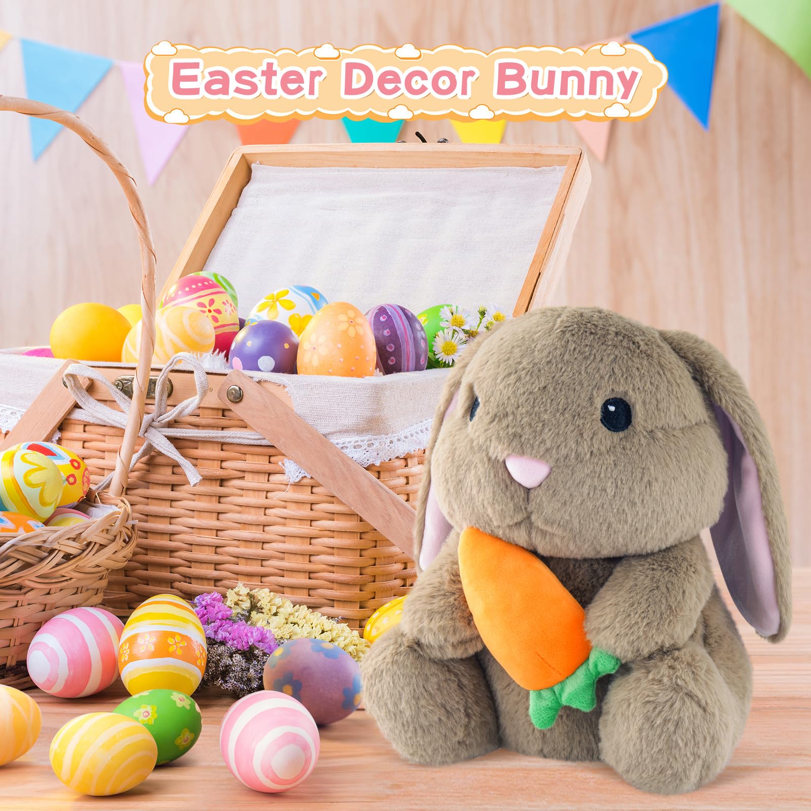 ZRUNBO 9.8-Inch Easter Bunny Plush with Floppy Ears and Carrot, Soft Brown Stuffed Rabbit for Kids
