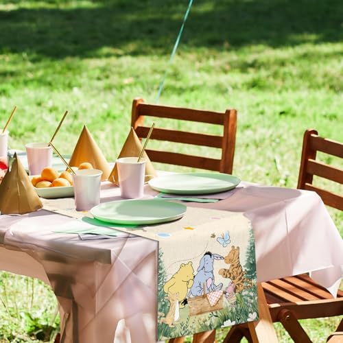ZsaTuiy Classic Winnie the Pooh Baby Shower Tablecloth – 13x72 Inch Fabric Table Cover for Gender Reveal or Birthday Party