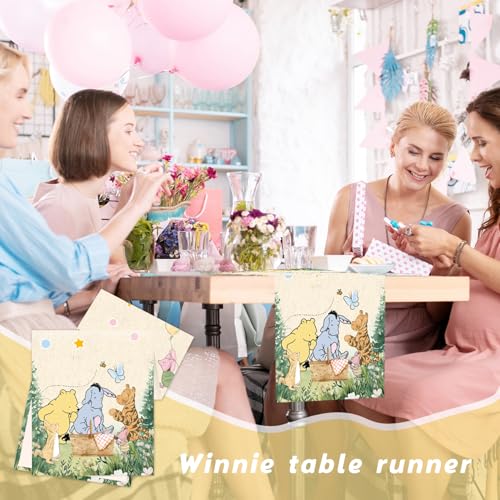 ZsaTuiy Classic Winnie the Pooh Baby Shower Tablecloth – 13x72 Inch Fabric Table Cover for Gender Reveal or Birthday Party