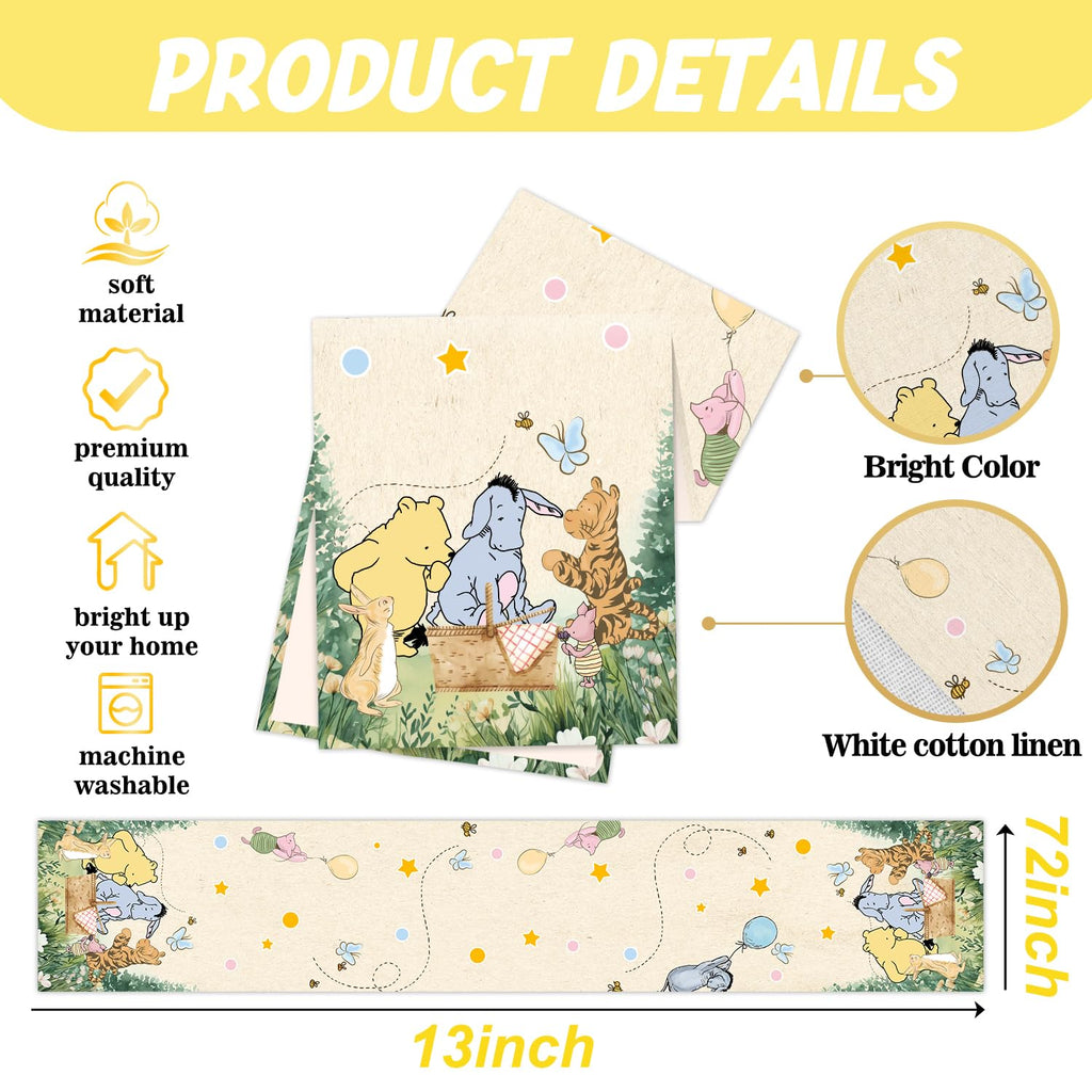 ZsaTuiy Classic Winnie the Pooh Baby Shower Tablecloth – 13x72 Inch Fabric Table Cover for Gender Reveal or Birthday Party
