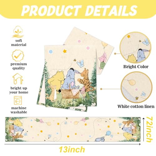 ZsaTuiy Classic Winnie the Pooh Baby Shower Tablecloth – 13x72 Inch Fabric Table Cover for Gender Reveal or Birthday Party